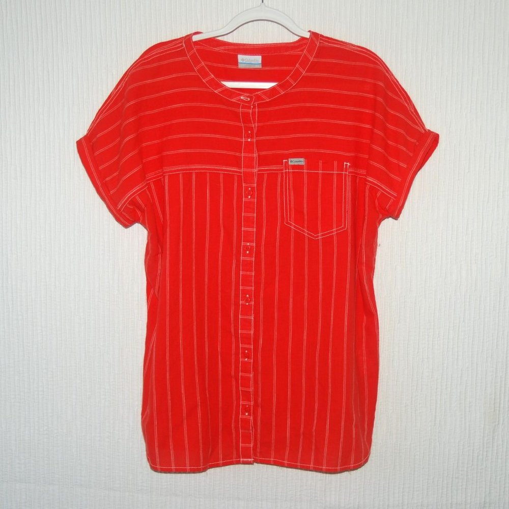 Columbia Textured Short Sleeve Striped Button Down Cotton Shirt